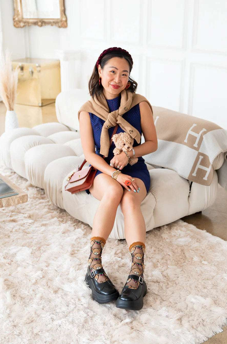 Shop Sock Candy Sock Candy Teddy Bear Ruffle Black Sheer Crew Sock Socks for women – premium loungewear and festival fashion at Spoiled Brat