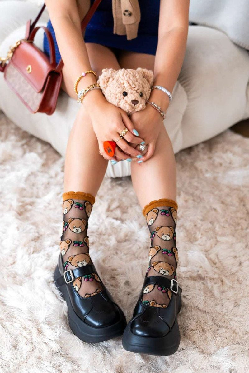 Shop Sock Candy Sock Candy Teddy Bear Ruffle Black Sheer Crew Sock Socks for women – premium loungewear and festival fashion at Spoiled Brat