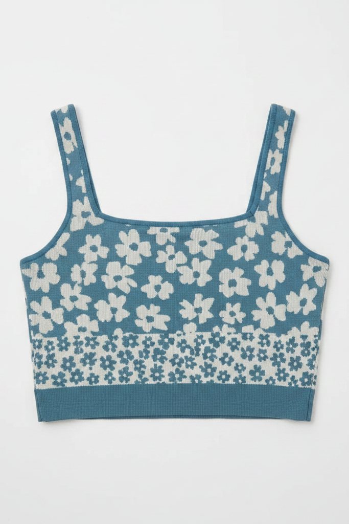 Blue floral-patterned crop top by spiritual gangster on a light gray background