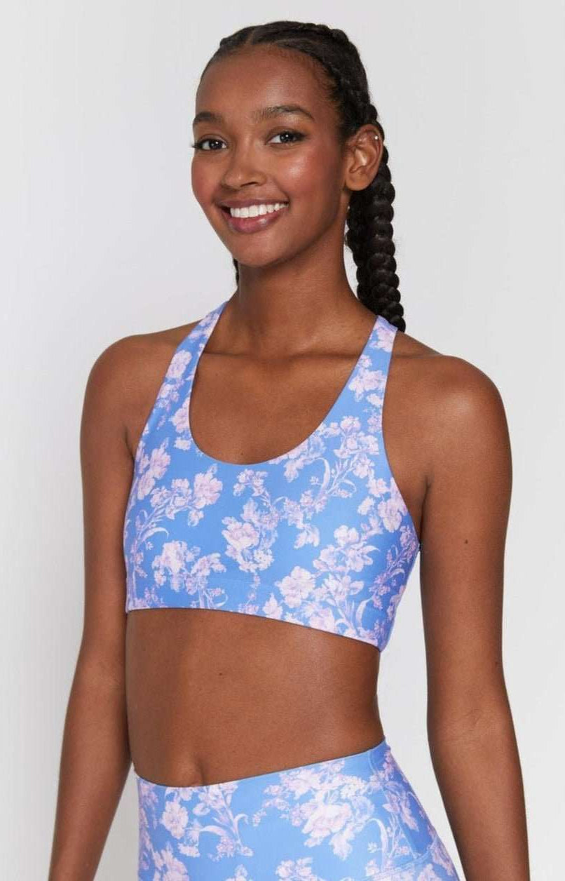 Spiritual Gangster Studio Eco Jersey Sports Bra in Jacaranda Print Cropped Top by Spiritual Gangster as seen on celebrities