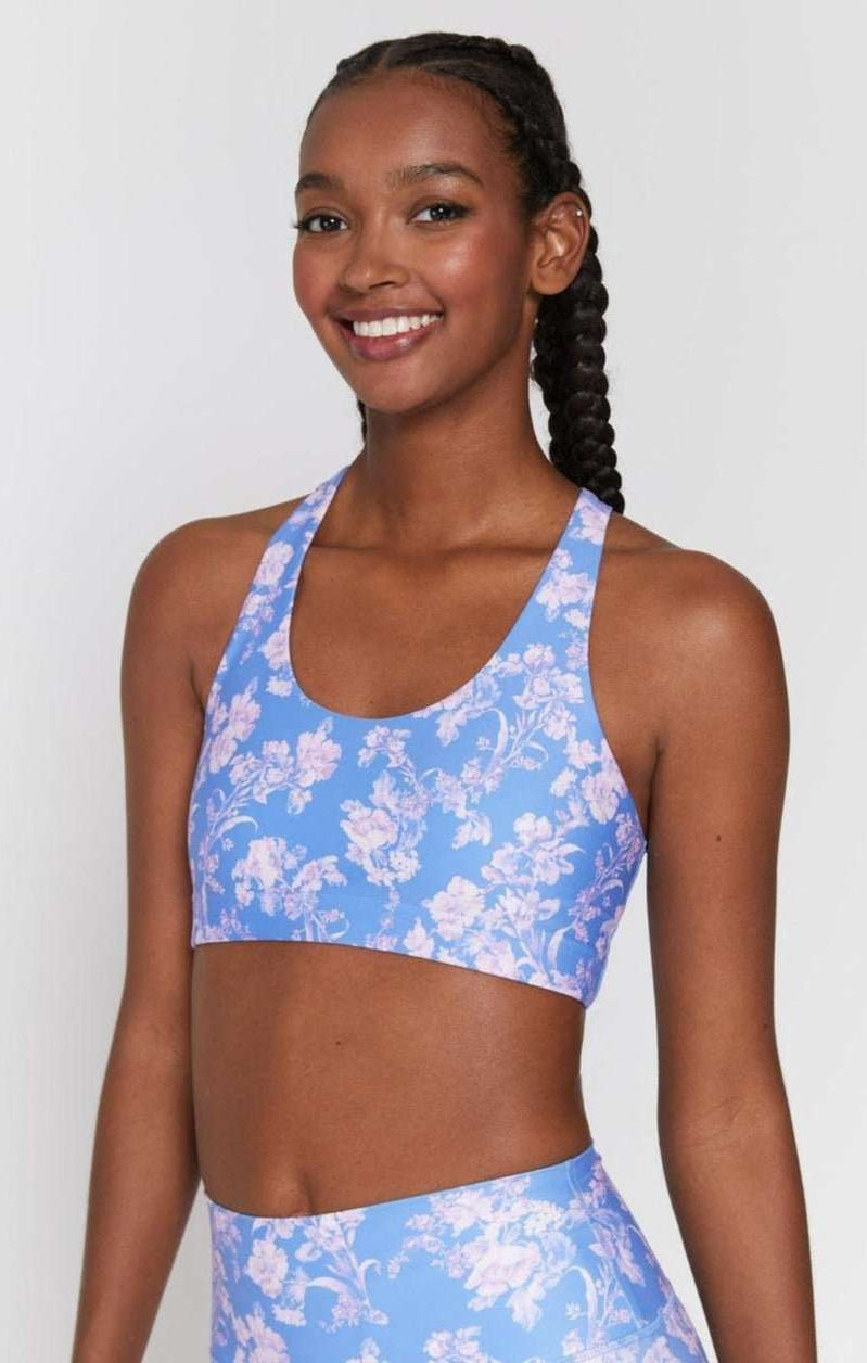 Spiritual Gangster Studio Eco Jersey Sports Bra in Jacaranda Print Cropped Top by Spiritual Gangster as seen on celebrities