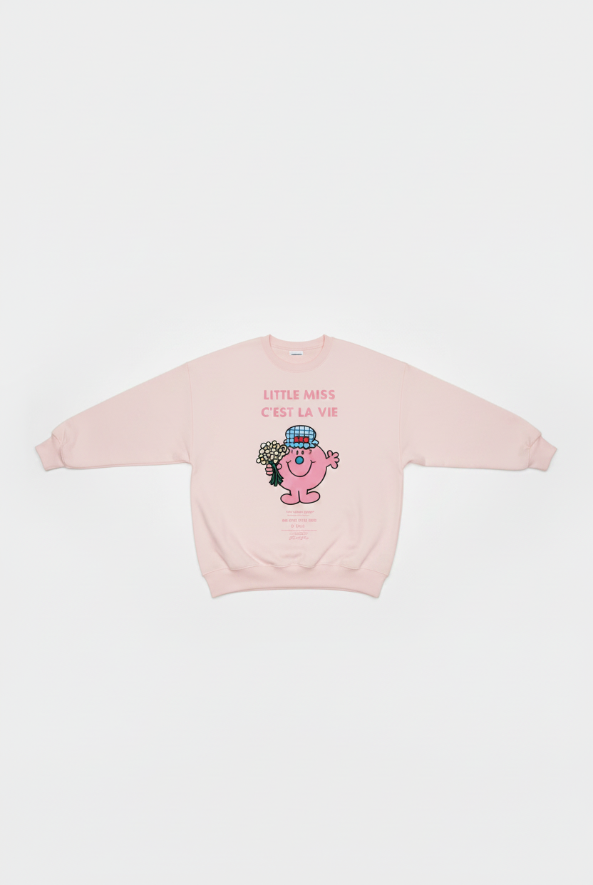 Pink sweatshirt with cartoon character and text on a white background