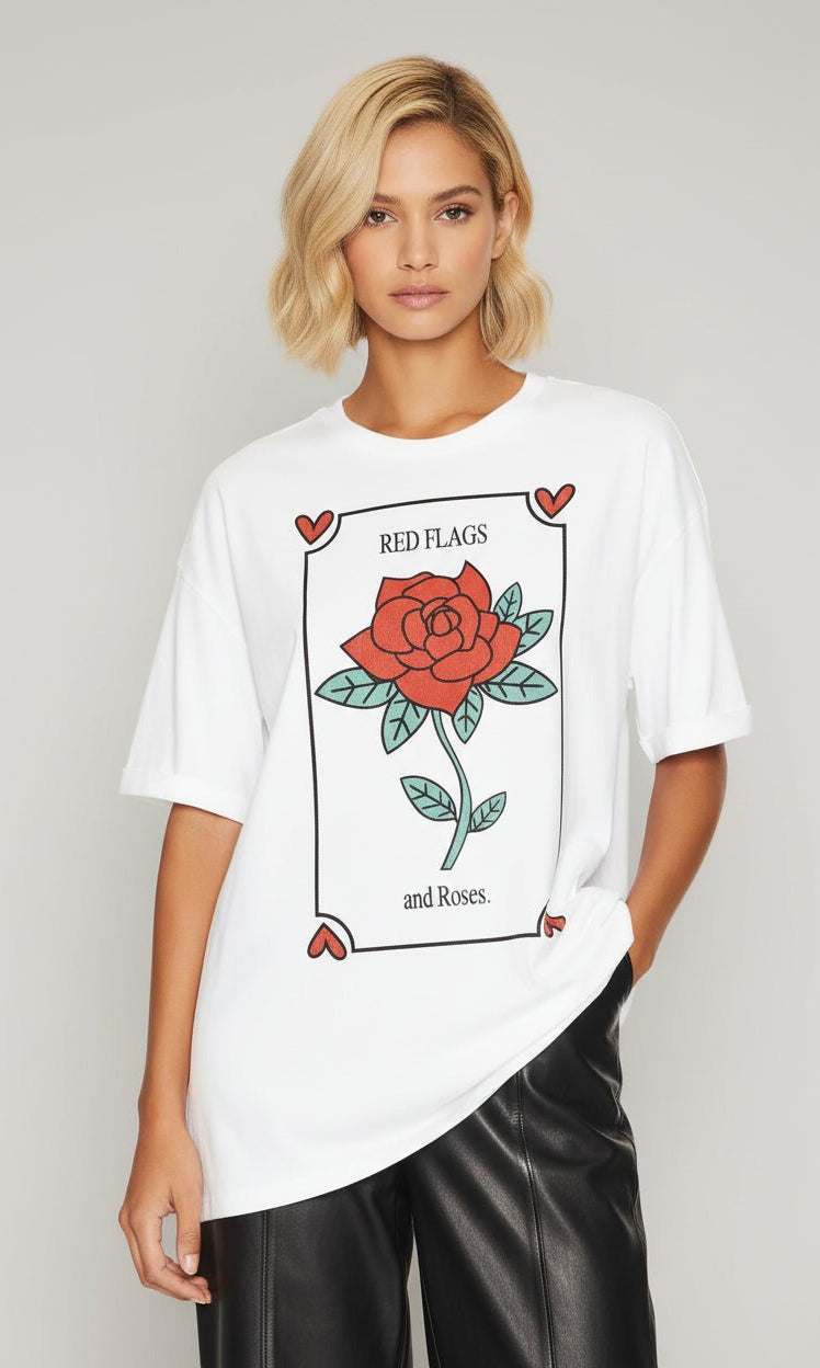 The Laundry Room Red Flags And Roses Oversized Tee by The Laundry Room – T-Shirt – S | Spoiled Brat UK