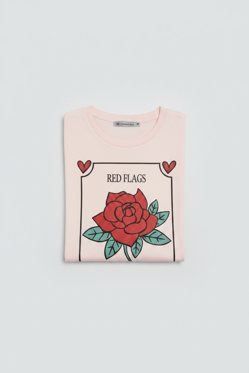 Pink t-shirt with a red rose graphic on a white background
