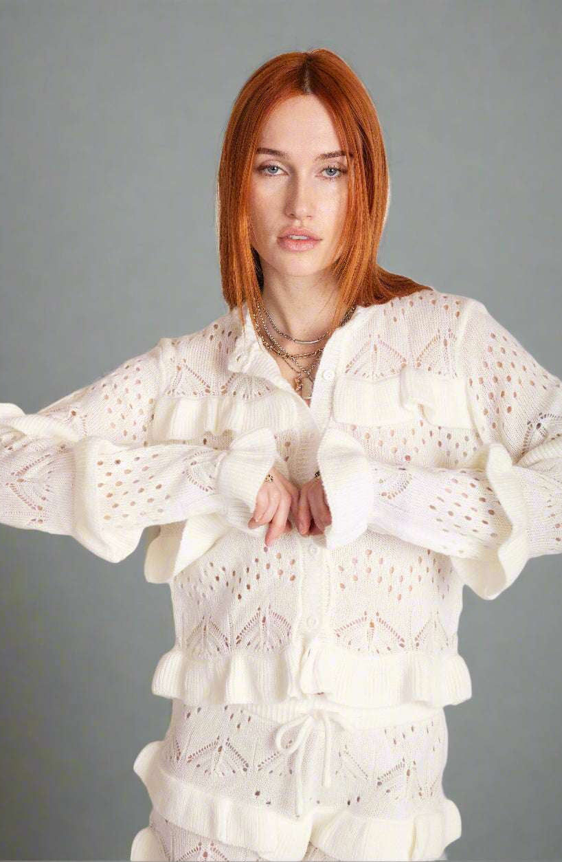 Shop The Ragged Priest The Ragged Priest Delicate Pointelle Frill Cardigan Cardigan for women – premium loungewear and festival fashion at Spoiled Brat