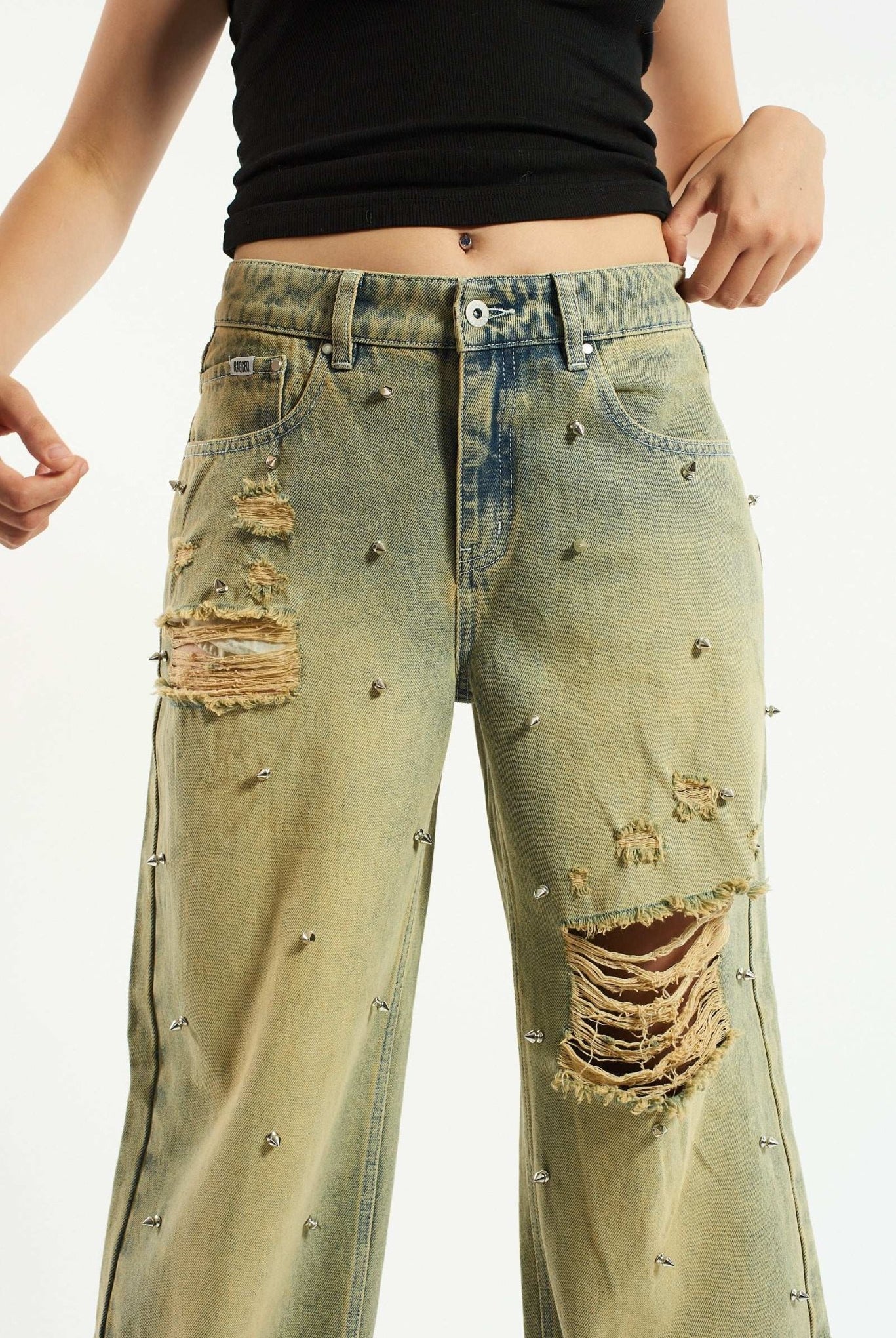 Shop The Ragged Priest The Ragged Priest Dirty Wash Distressed Release Stud Jeans Boyfriend Jeans for women – premium loungewear and festival fashion at Spoiled Brat
