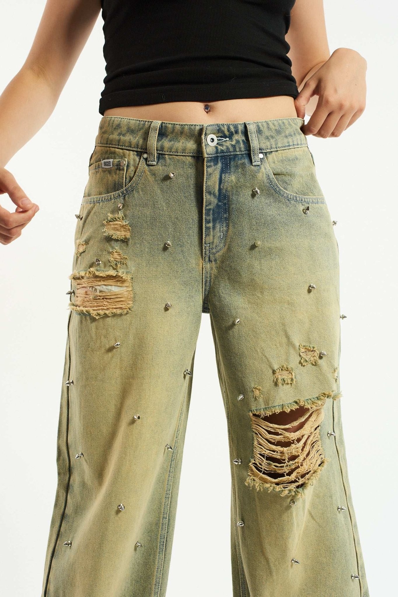 Shop The Ragged Priest The Ragged Priest Dirty Wash Distressed Release Stud Jeans Boyfriend Jeans for women – premium loungewear and festival fashion at Spoiled Brat