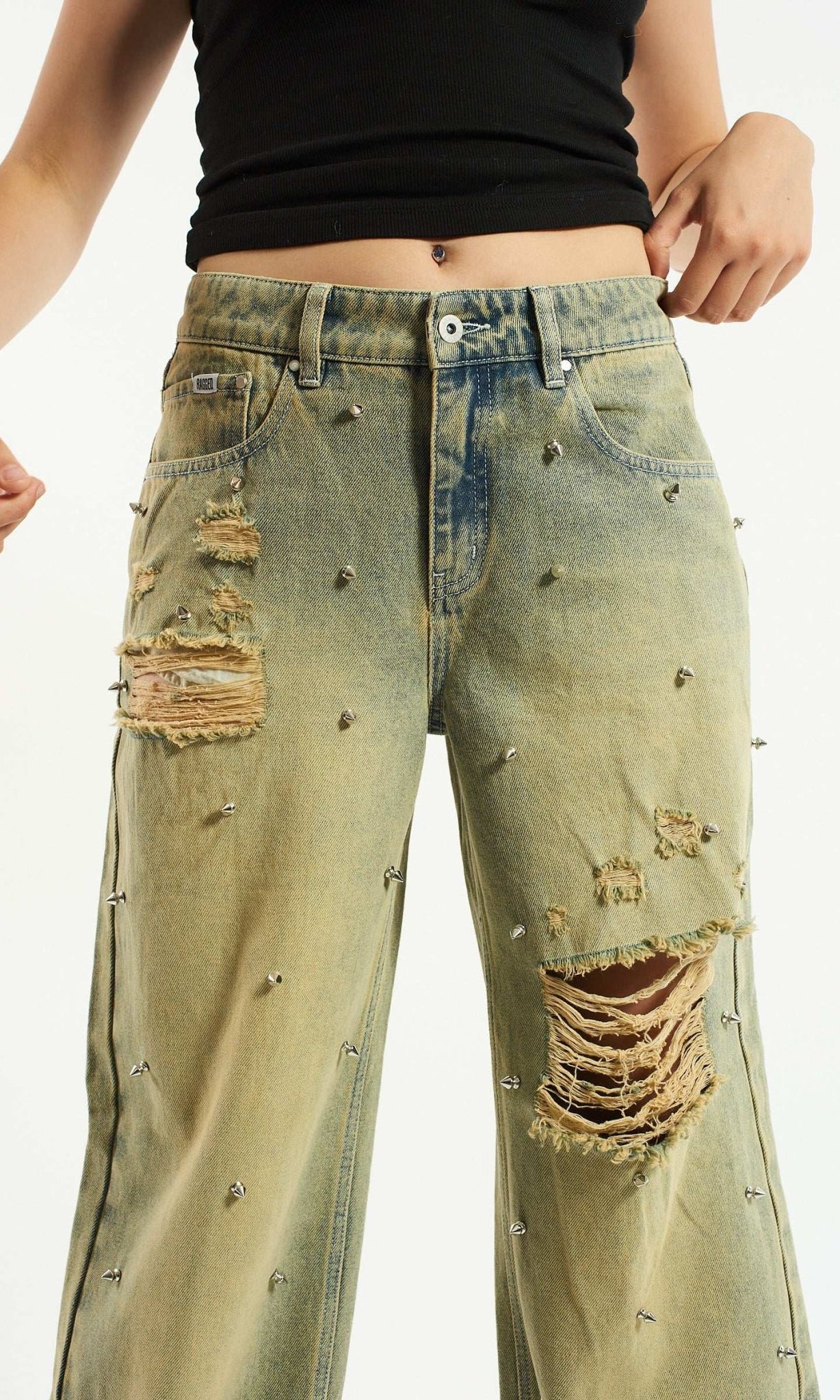 Shop The Ragged Priest The Ragged Priest Dirty Wash Distressed Release Stud Jeans Boyfriend Jeans for women – premium loungewear and festival fashion at Spoiled Brat