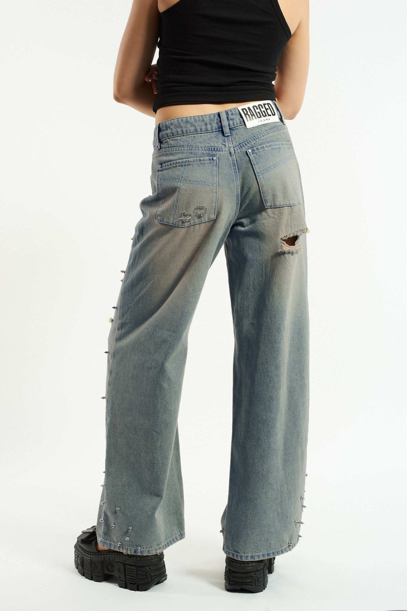 Shop The Ragged Priest The Ragged Priest Dirty Wash Distressed Release Stud Jeans Boyfriend Jeans for women – premium loungewear and festival fashion at Spoiled Brat