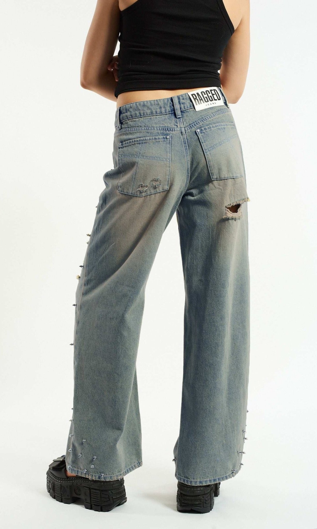 Shop The Ragged Priest The Ragged Priest Dirty Wash Distressed Release Stud Jeans Boyfriend Jeans for women – premium loungewear and festival fashion at Spoiled Brat