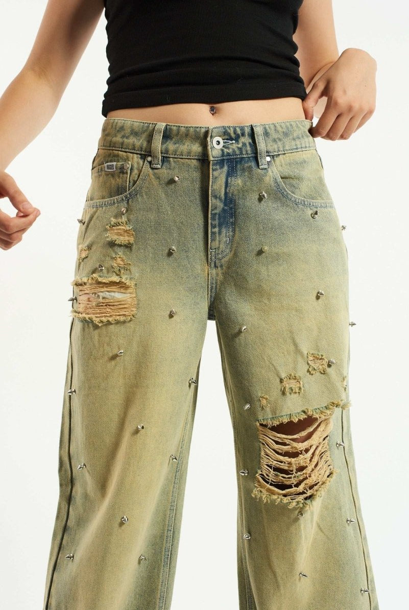 Shop The Ragged Priest The Ragged Priest Dirty Wash Distressed Release Stud Jeans Boyfriend Jeans for women – premium loungewear and festival fashion at Spoiled Brat