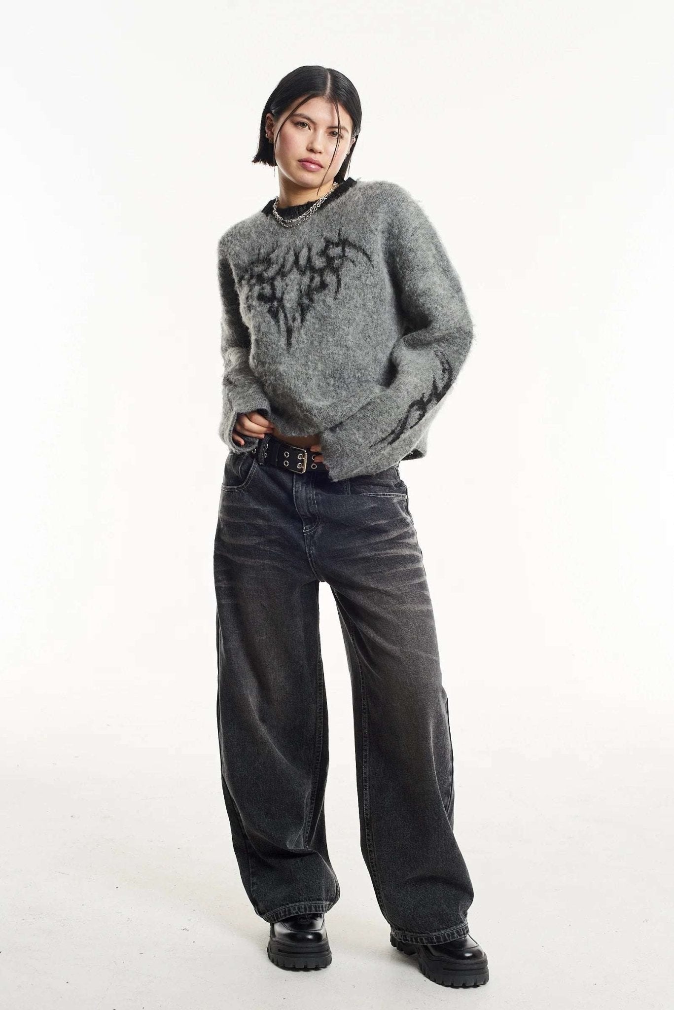 The Ragged Priest Idol Graphic Knit Jumper by The Ragged Priest – Sweater – Gray | Spoiled Brat UK