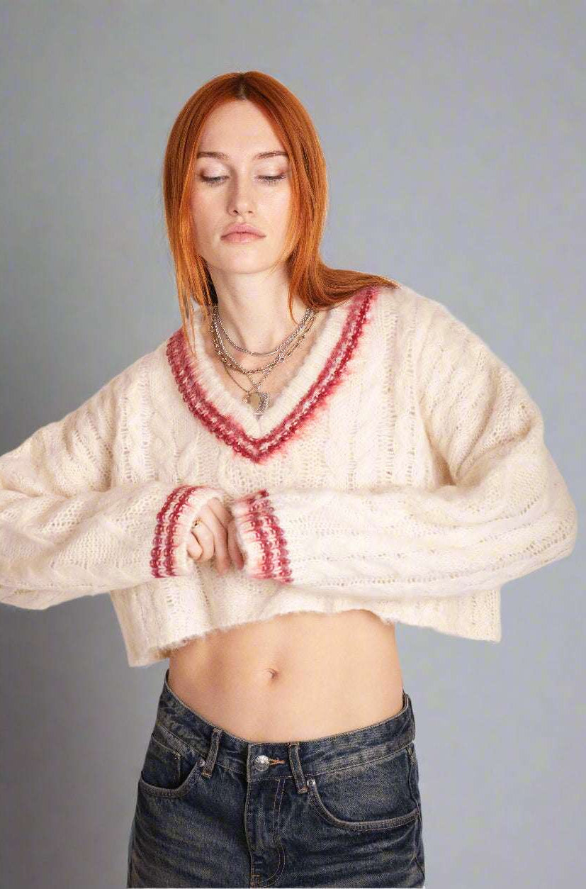 Shop The Ragged Priest The Ragged Priest Load Varsity Crop Cable Knit Jumper Jumper for women – premium loungewear and festival fashion at Spoiled Brat