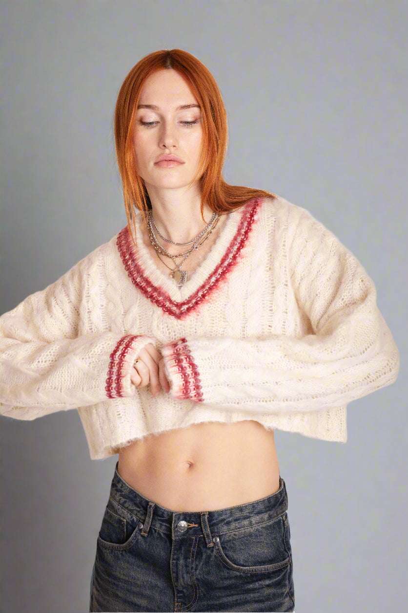 Shop The Ragged Priest The Ragged Priest Load Varsity Crop Cable Knit Jumper Jumper for women – premium loungewear and festival fashion at Spoiled Brat