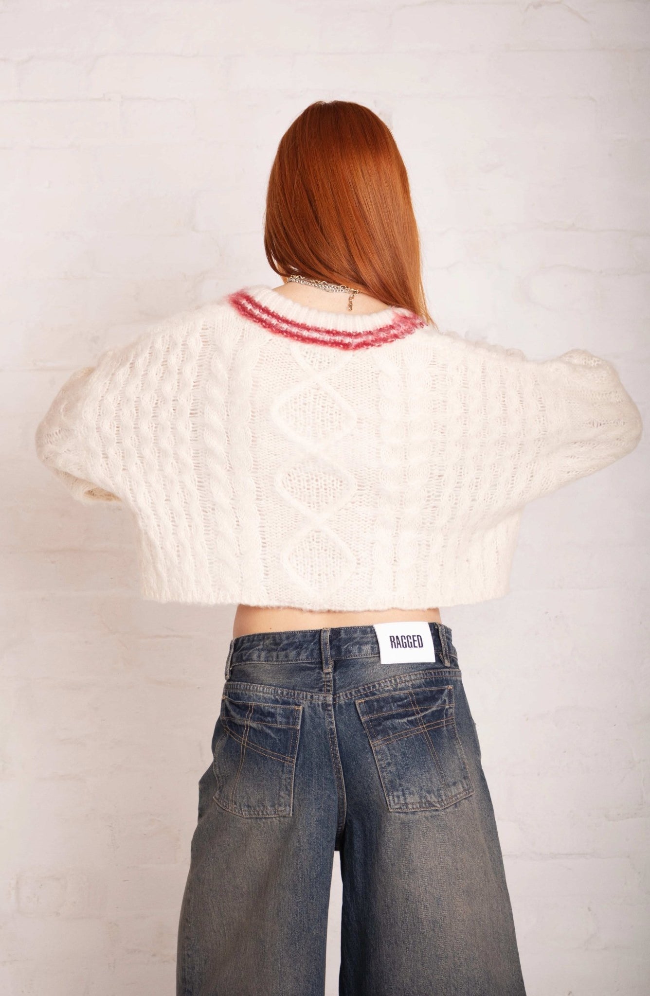 Shop The Ragged Priest The Ragged Priest Load Varsity Crop Cable Knit Jumper Jumper for women – premium loungewear and festival fashion at Spoiled Brat