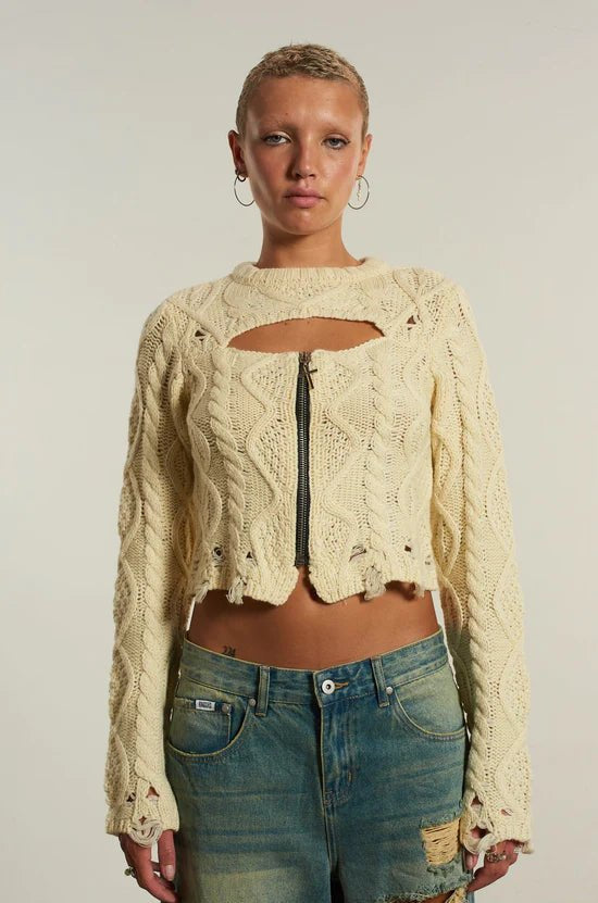 Shop The Ragged Priest The Ragged Priest Saint Zip Cable Knit Jumper Knit Jumper for women – premium loungewear and festival fashion at Spoiled Brat