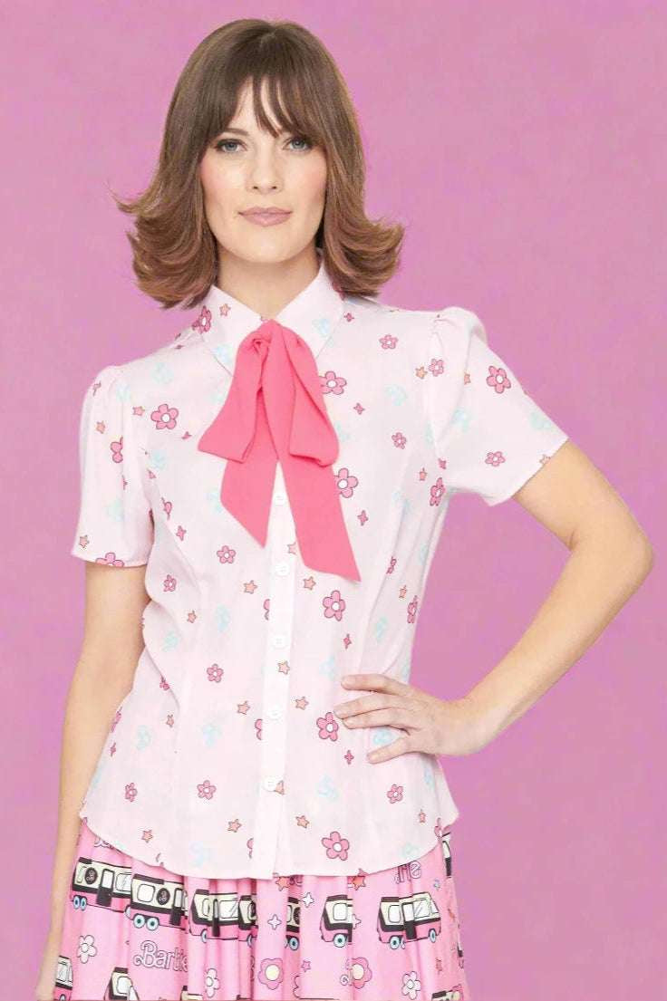 Shop Unique Vintage Barbie X Unique Vintage 1970s Pink Barbie Floral Print Bow Blouse Blouse for women – premium loungewear and festival fashion at Spoiled Brat