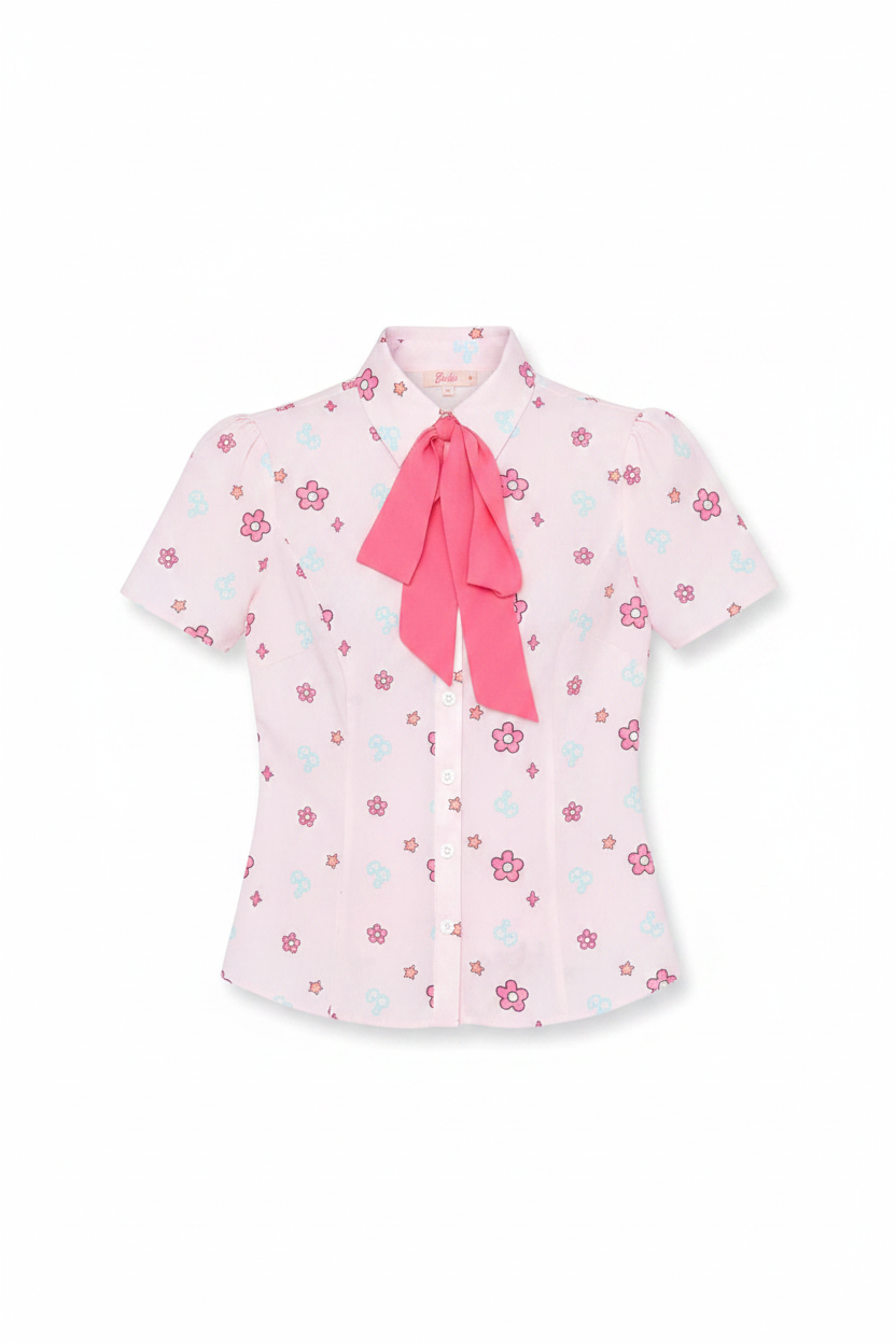 White blouse with pink floral pattern and pink bow tie on a white background