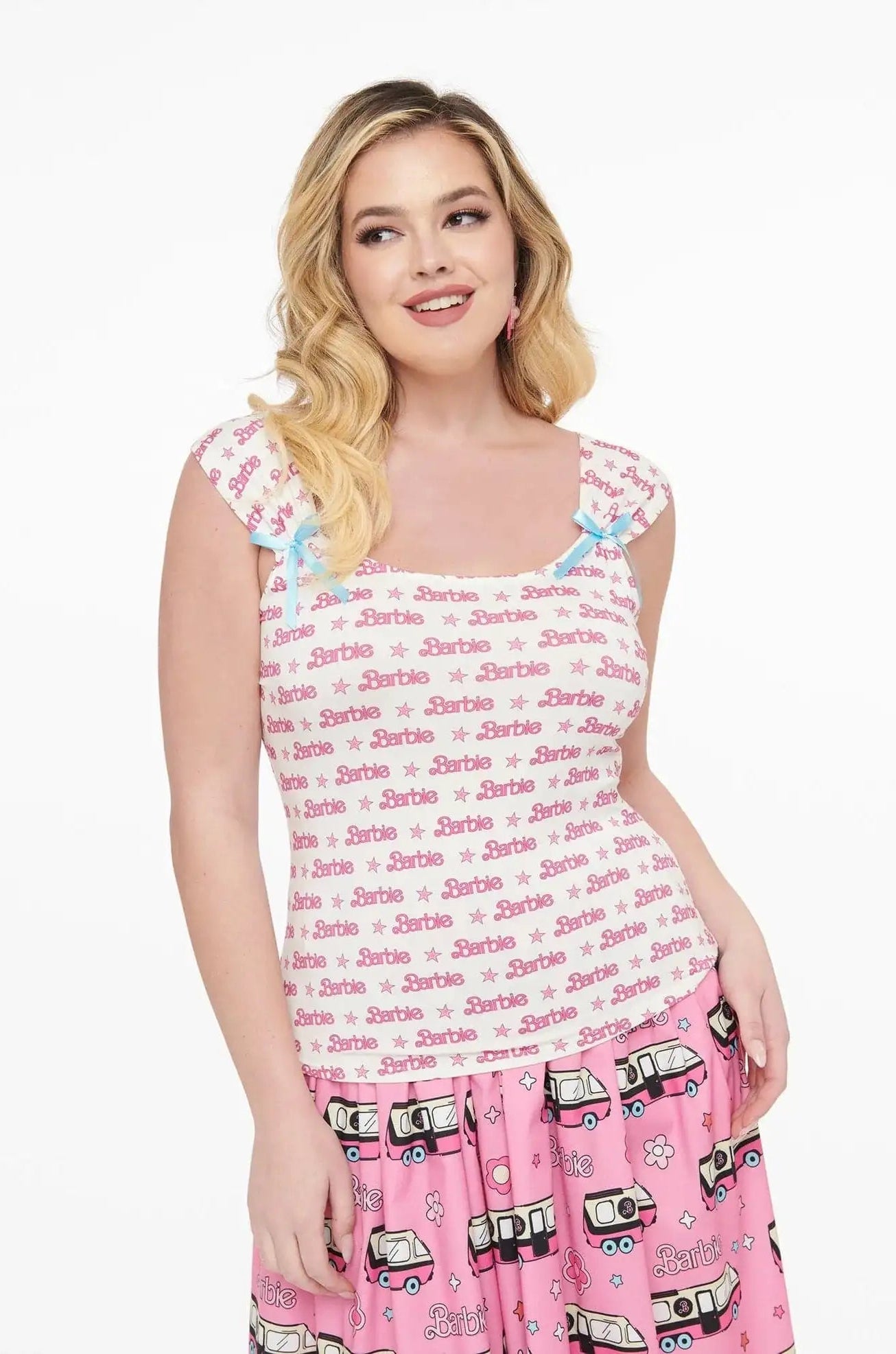 Shop Unique Vintage Barbie X Unique Vintage White & Pink Barbie Print Tank Top Cami Top for women – premium loungewear and festival fashion at Spoiled Brat
