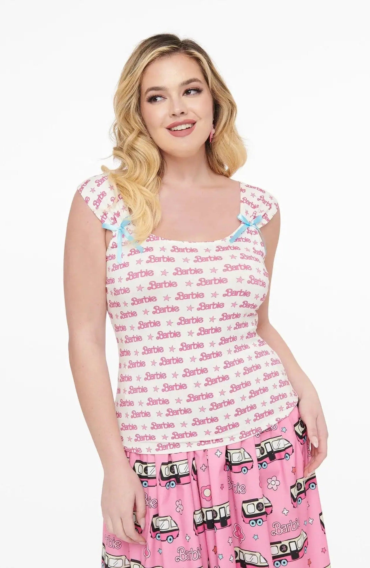 Shop Unique Vintage Barbie X Unique Vintage White & Pink Barbie Print Tank Top Cami Top for women – premium loungewear and festival fashion at Spoiled Brat