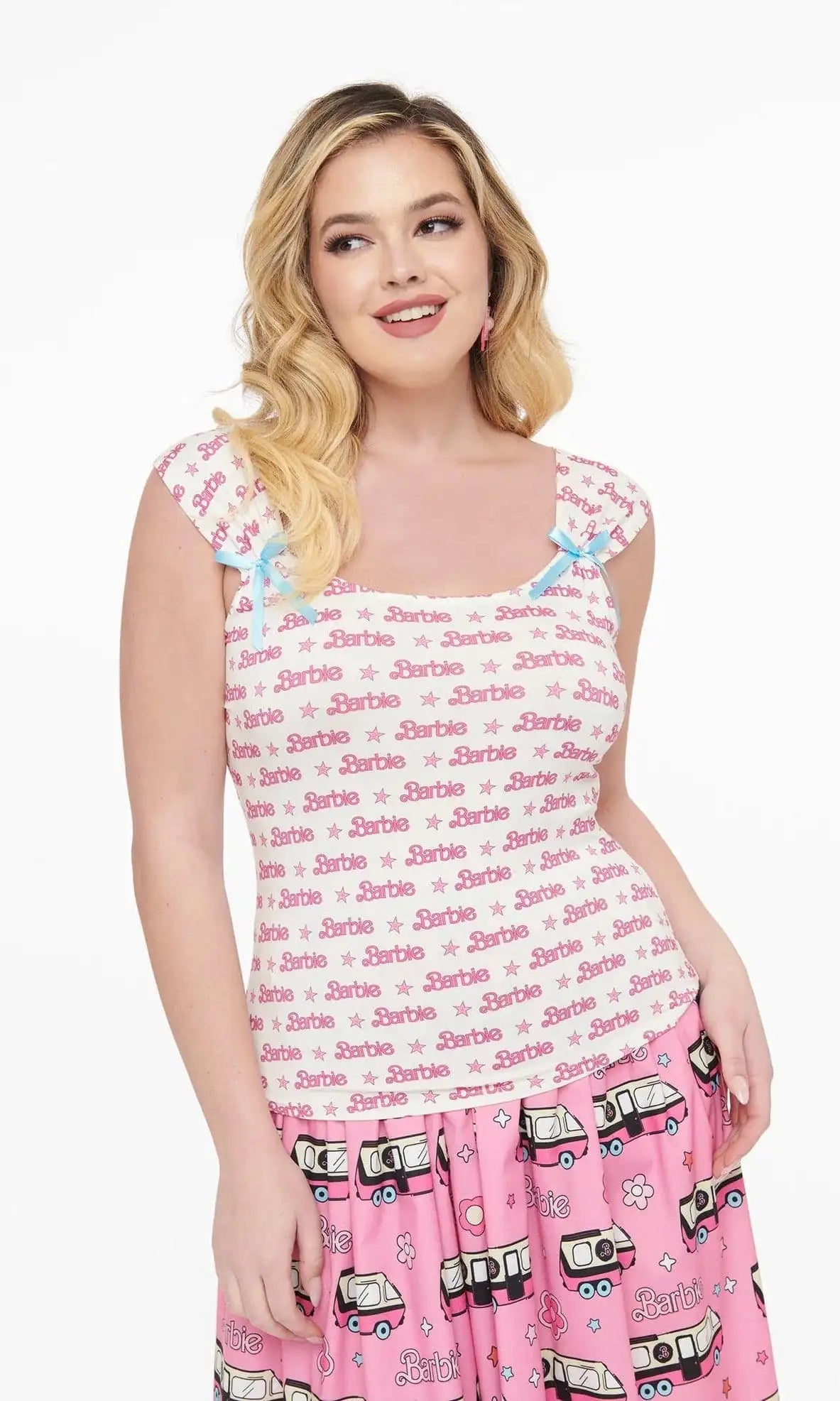 Shop Unique Vintage Barbie X Unique Vintage White & Pink Barbie Print Tank Top Cami Top for women – premium loungewear and festival fashion at Spoiled Brat