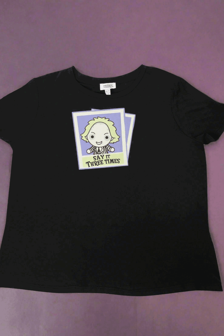 Shop Unique Vintage Beetlejuice X Unique Vintage Black Beetlejuice Polaroid Fitted Tee T-Shirt for women – premium loungewear and festival fashion at Spoiled Brat
