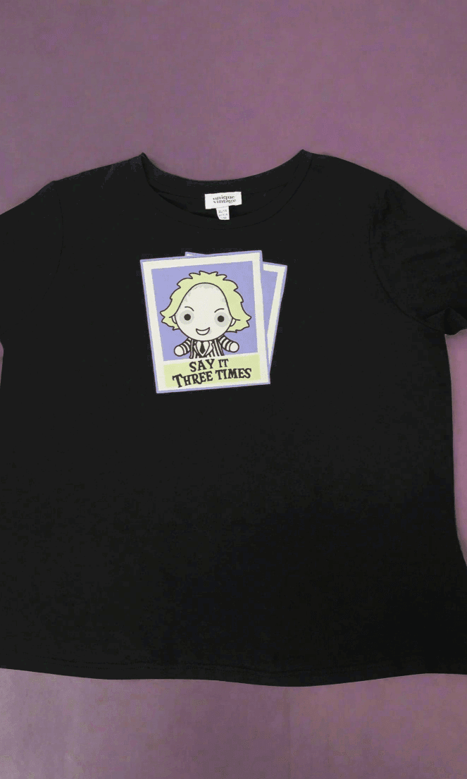 Shop Unique Vintage Beetlejuice X Unique Vintage Black Beetlejuice Polaroid Fitted Tee T-Shirt for women – premium loungewear and festival fashion at Spoiled Brat