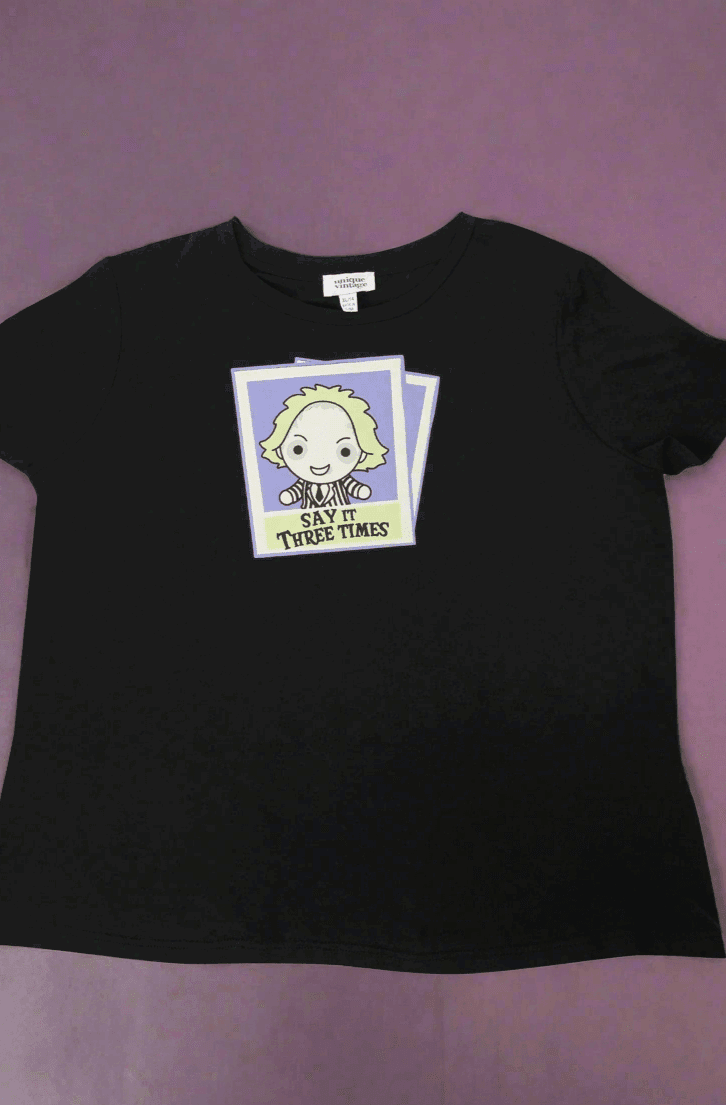 Shop Unique Vintage Beetlejuice X Unique Vintage Black Beetlejuice Polaroid Fitted Tee T-Shirt for women – premium loungewear and festival fashion at Spoiled Brat