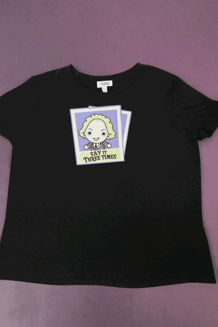 Beetlejuice X Unique Vintage Black Beetlejuice Polaroid Fitted Tee by Unique Vintage – T-Shirt – Black | Spoiled Brat UK
