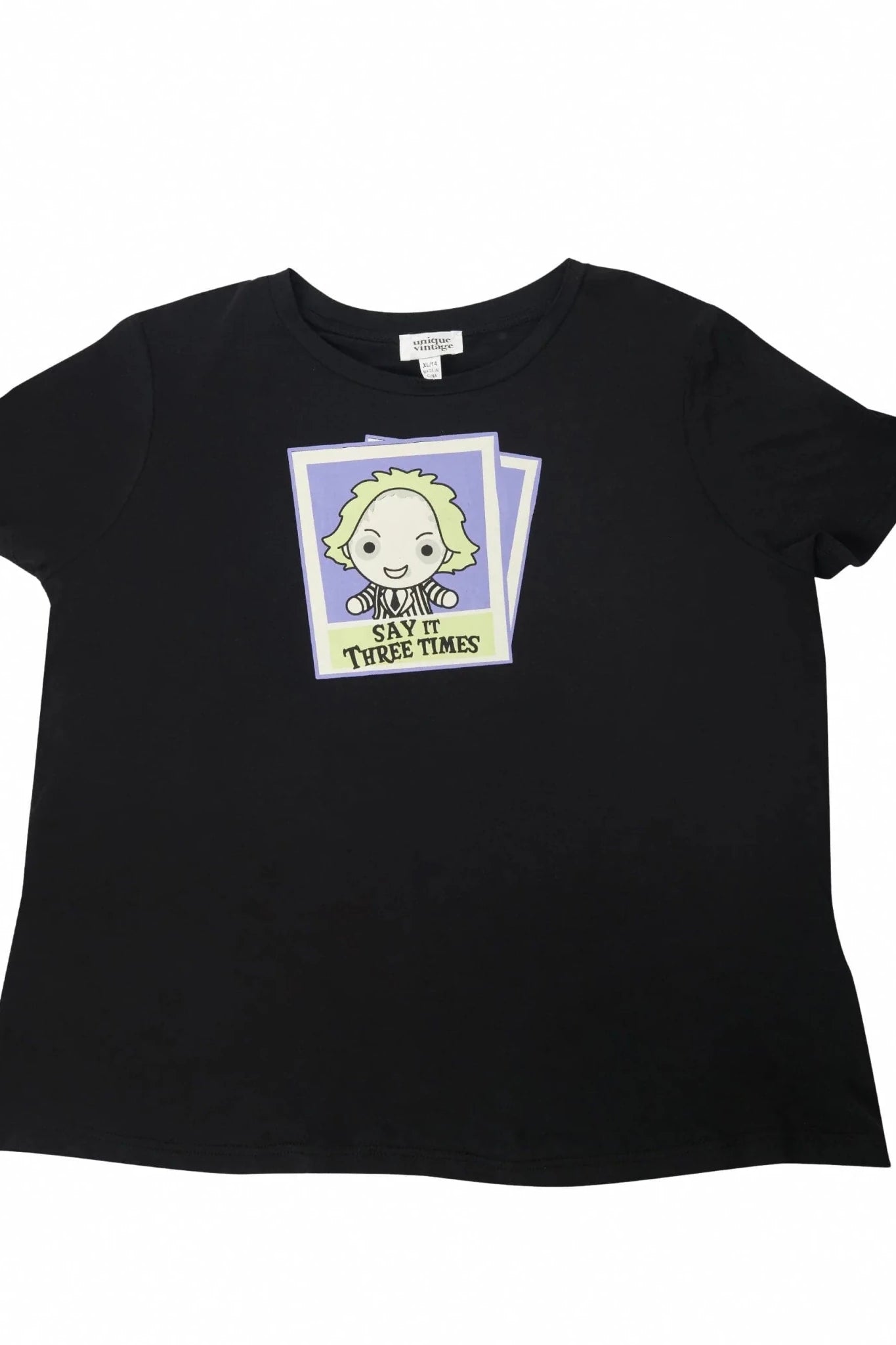 Shop Unique Vintage Beetlejuice X Unique Vintage Black Beetlejuice Polaroid Fitted Tee T-Shirt for women – premium loungewear and festival fashion at Spoiled Brat