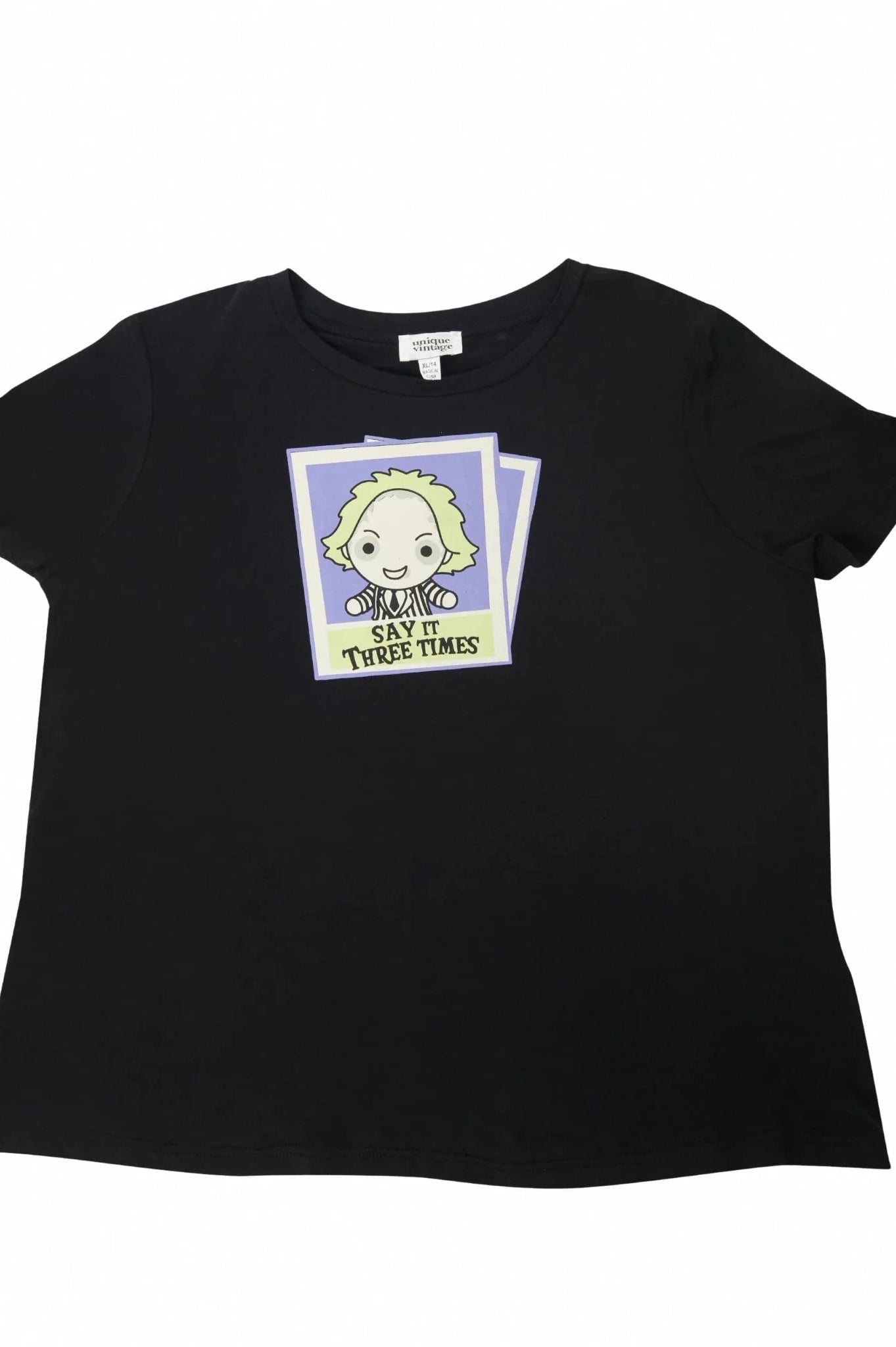 Shop Unique Vintage Beetlejuice X Unique Vintage Black Beetlejuice Polaroid Fitted Tee T-Shirt for women – premium loungewear and festival fashion at Spoiled Brat