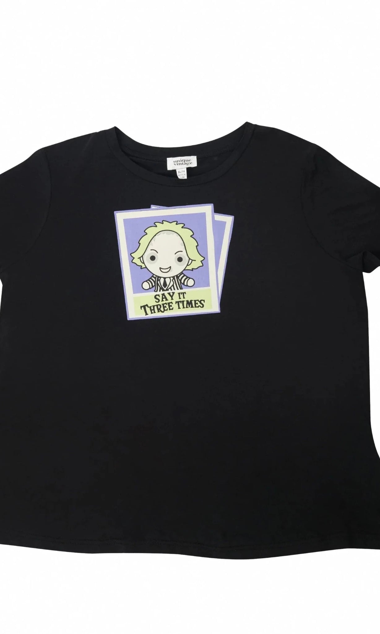 Shop Unique Vintage Beetlejuice X Unique Vintage Black Beetlejuice Polaroid Fitted Tee T-Shirt for women – premium loungewear and festival fashion at Spoiled Brat