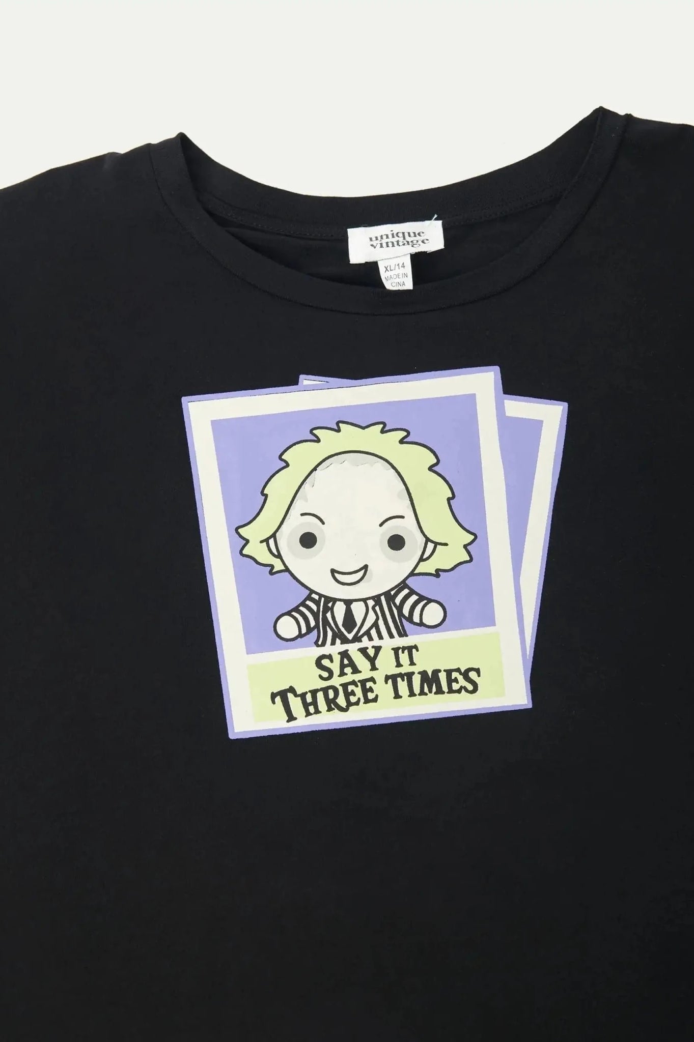 Shop Unique Vintage Beetlejuice X Unique Vintage Black Beetlejuice Polaroid Fitted Tee T-Shirt for women – premium loungewear and festival fashion at Spoiled Brat