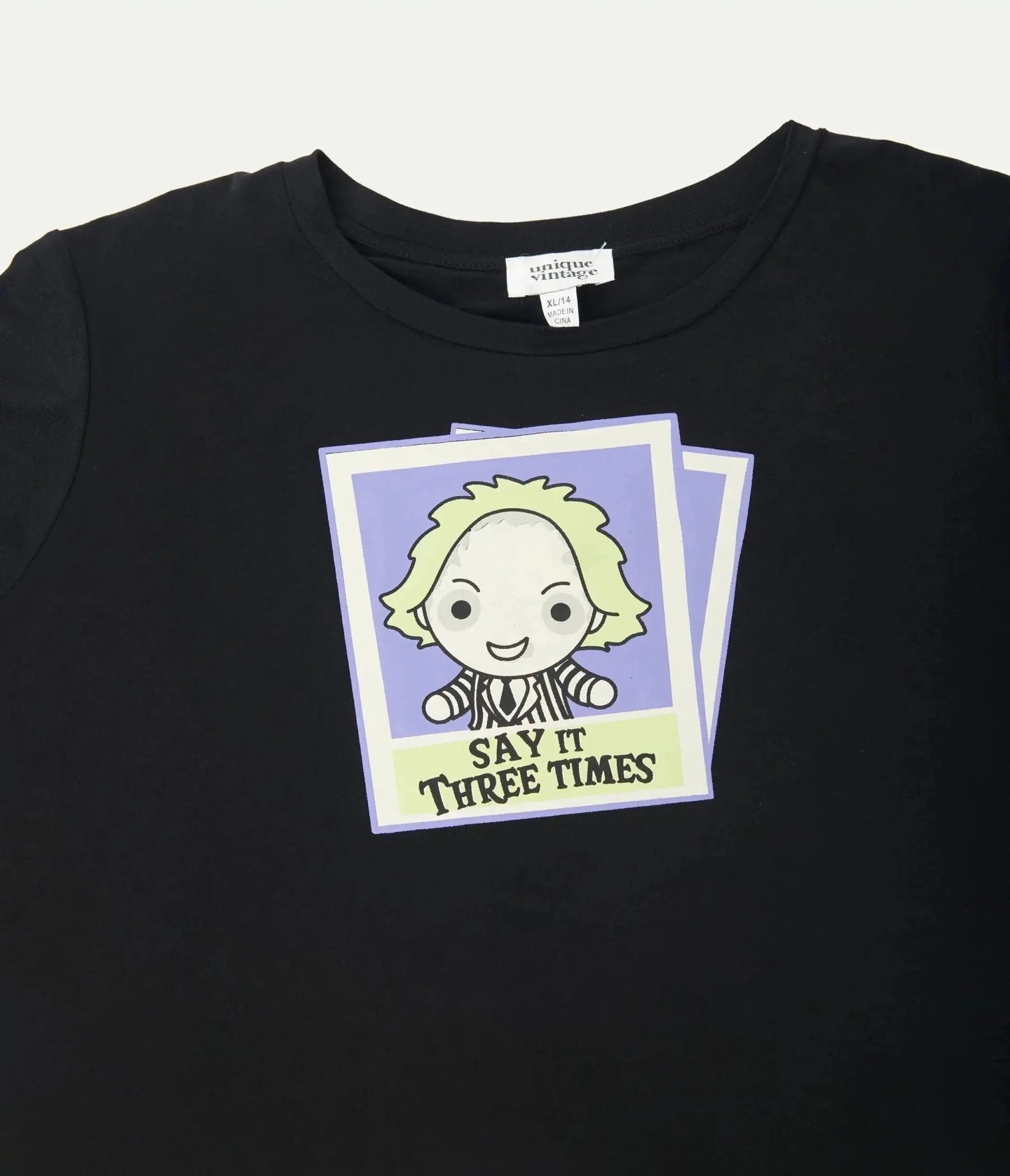 Beetlejuice X Unique Vintage Black Beetlejuice Polaroid Fitted Tee by Unique Vintage – T-Shirt – Black | Spoiled Brat UK