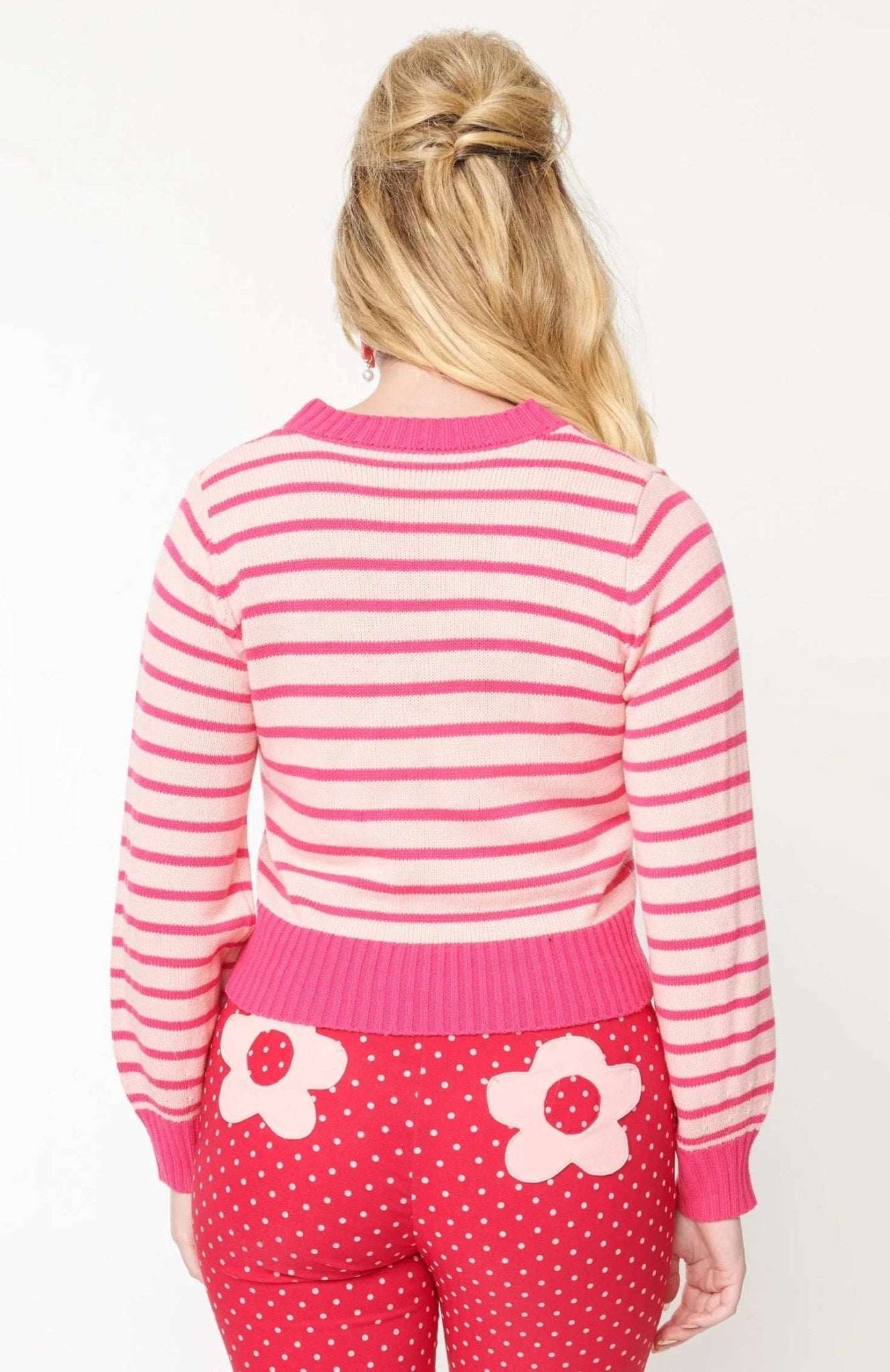 Shop Unique Vintage Smak Parlour 1960s Pink Stripes & Strawberry Pocket Cardigan Cardigan for women – premium loungewear and festival fashion at Spoiled Brat