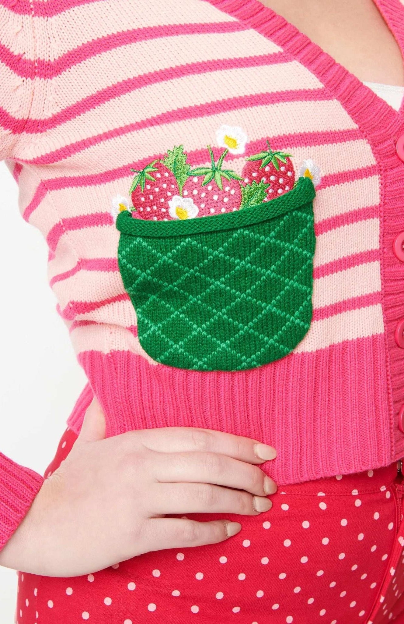 Shop Unique Vintage Smak Parlour 1960s Pink Stripes & Strawberry Pocket Cardigan Cardigan for women – premium loungewear and festival fashion at Spoiled Brat
