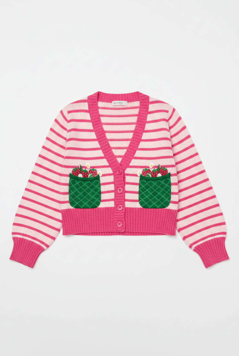 Shop Unique Vintage Smak Parlour 1960s Pink Stripes & Strawberry Pocket Cardigan Cardigan for women – premium loungewear and festival fashion at Spoiled Brat