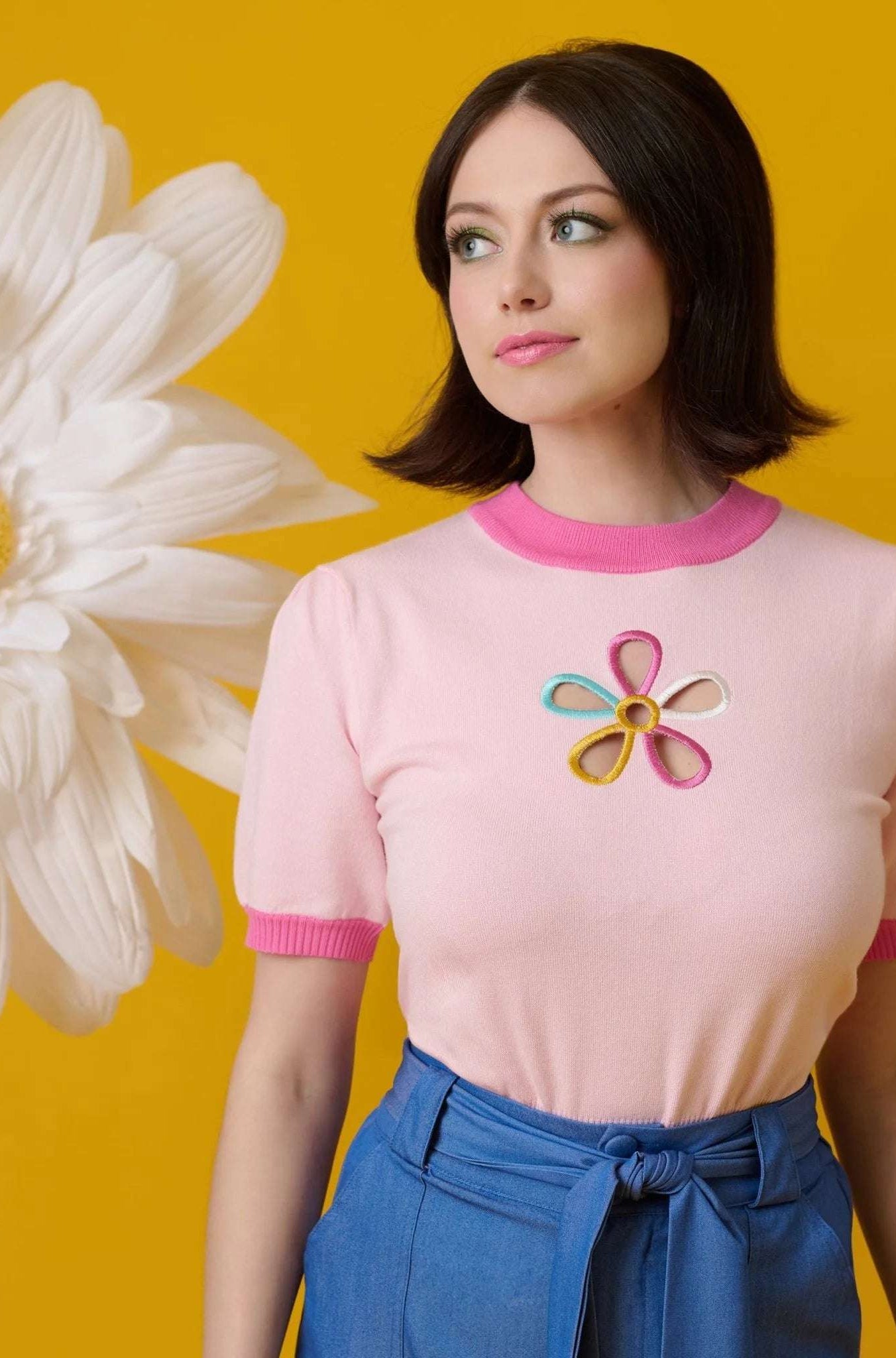 Shop Unique Vintage Smak Parlour Pink & Rainbow Flower Cutout Sweater Top for women – premium loungewear and festival fashion at Spoiled Brat