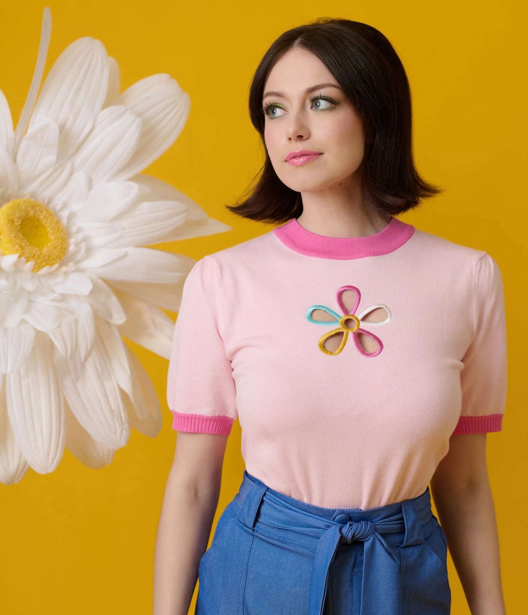 Shop Unique Vintage Smak Parlour Pink & Rainbow Flower Cutout Sweater Top for women – premium loungewear and festival fashion at Spoiled Brat