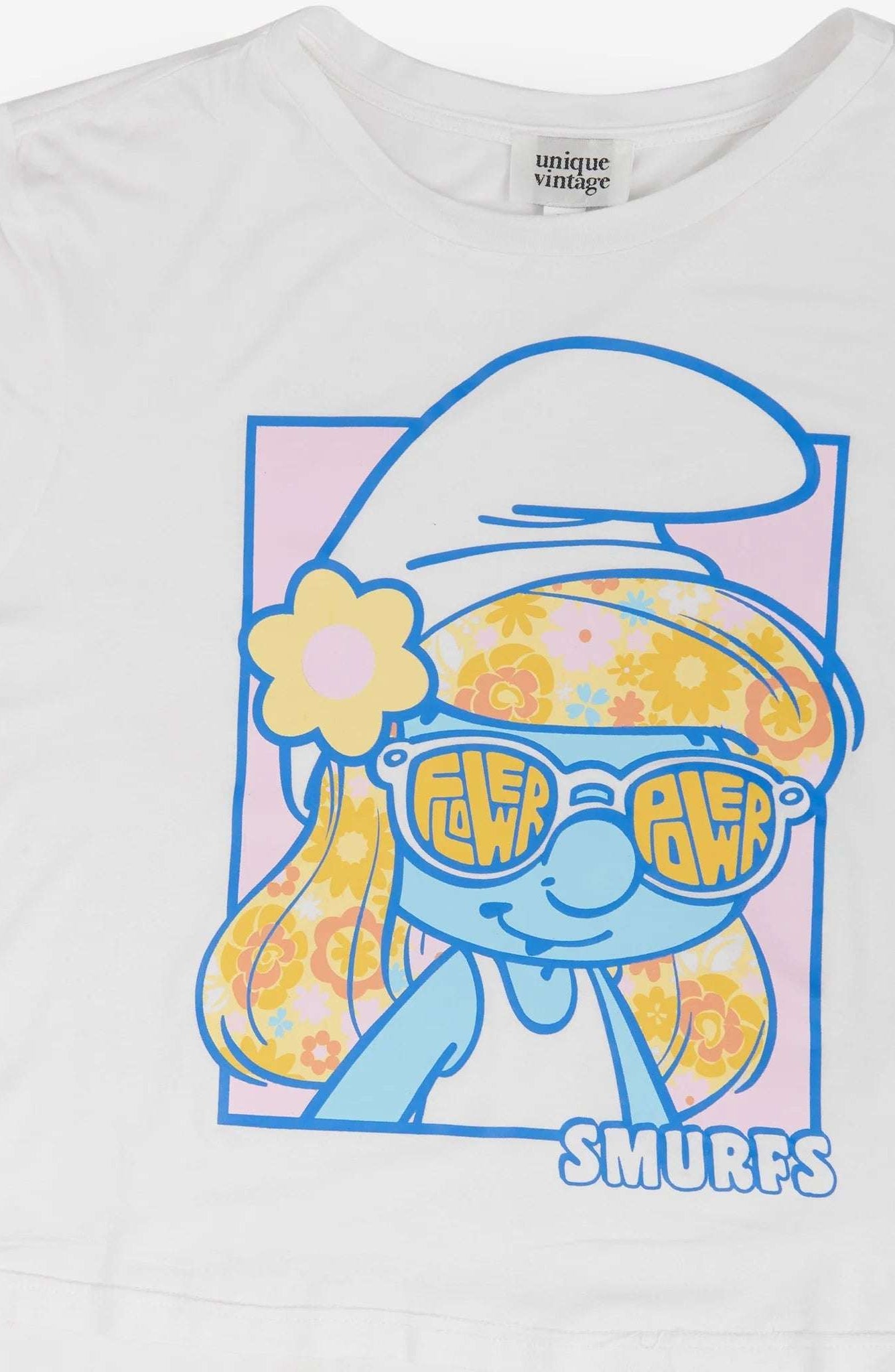The Smurfs x Unique Vintage White Cropped Graphic Tee Top by Unique Vintage as seen on celebrities