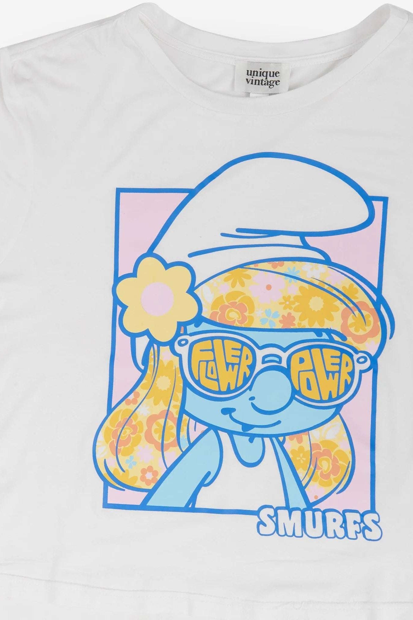 Shop Unique Vintage The Smurfs x Unique Vintage White Cropped Graphic Tee Top for women – premium loungewear and festival fashion at Spoiled Brat
