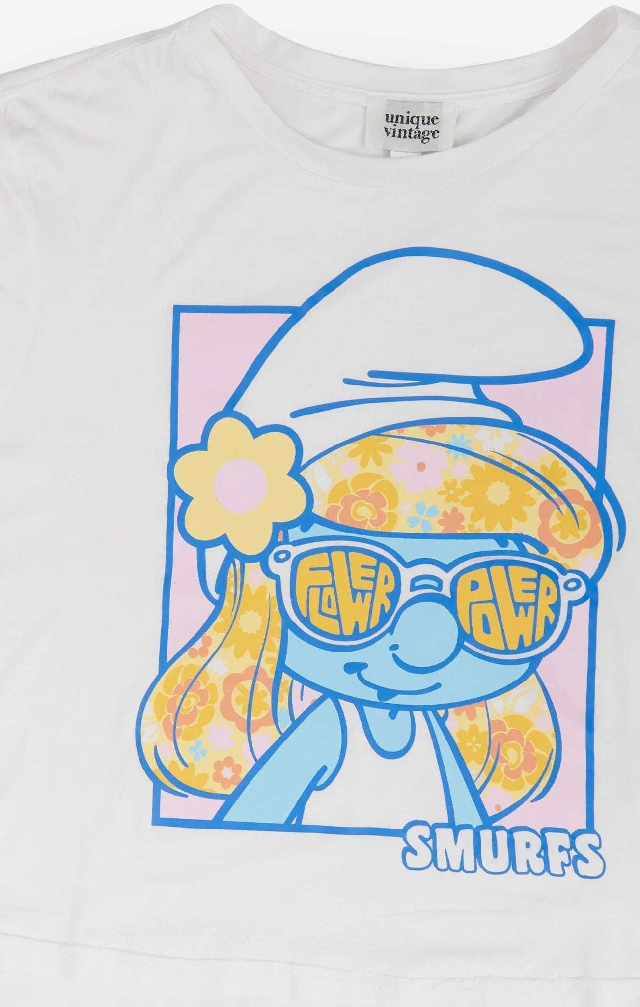 Shop Unique Vintage The Smurfs x Unique Vintage White Cropped Graphic Tee Top for women – premium loungewear and festival fashion at Spoiled Brat