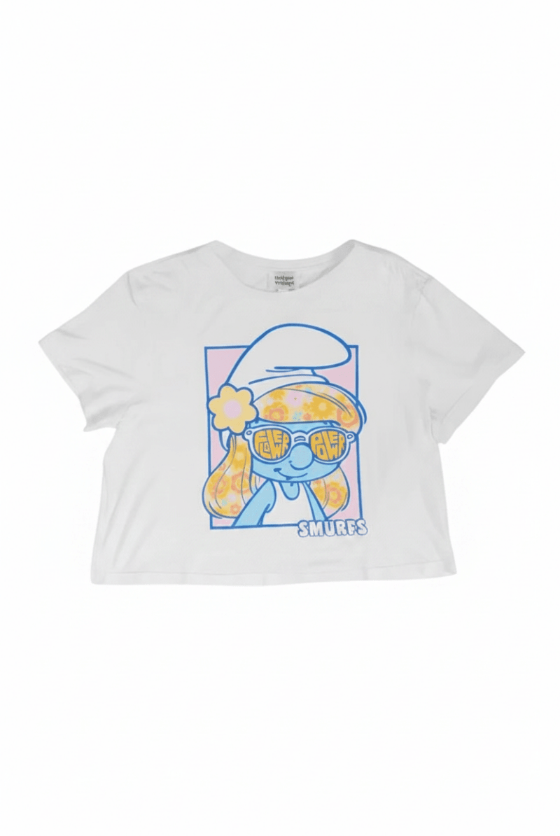 Shop Unique Vintage The Smurfs x Unique Vintage White Cropped Graphic Tee Top for women – premium loungewear and festival fashion at Spoiled Brat