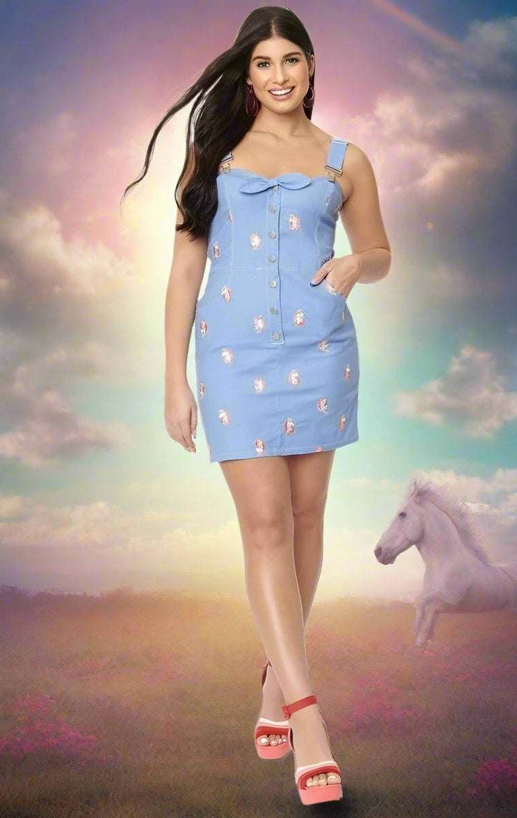 Unique Vintage Periwinkle Denim & Unicorn Fitted Pinafore Dress by Unique Vintage as seen on celebrities