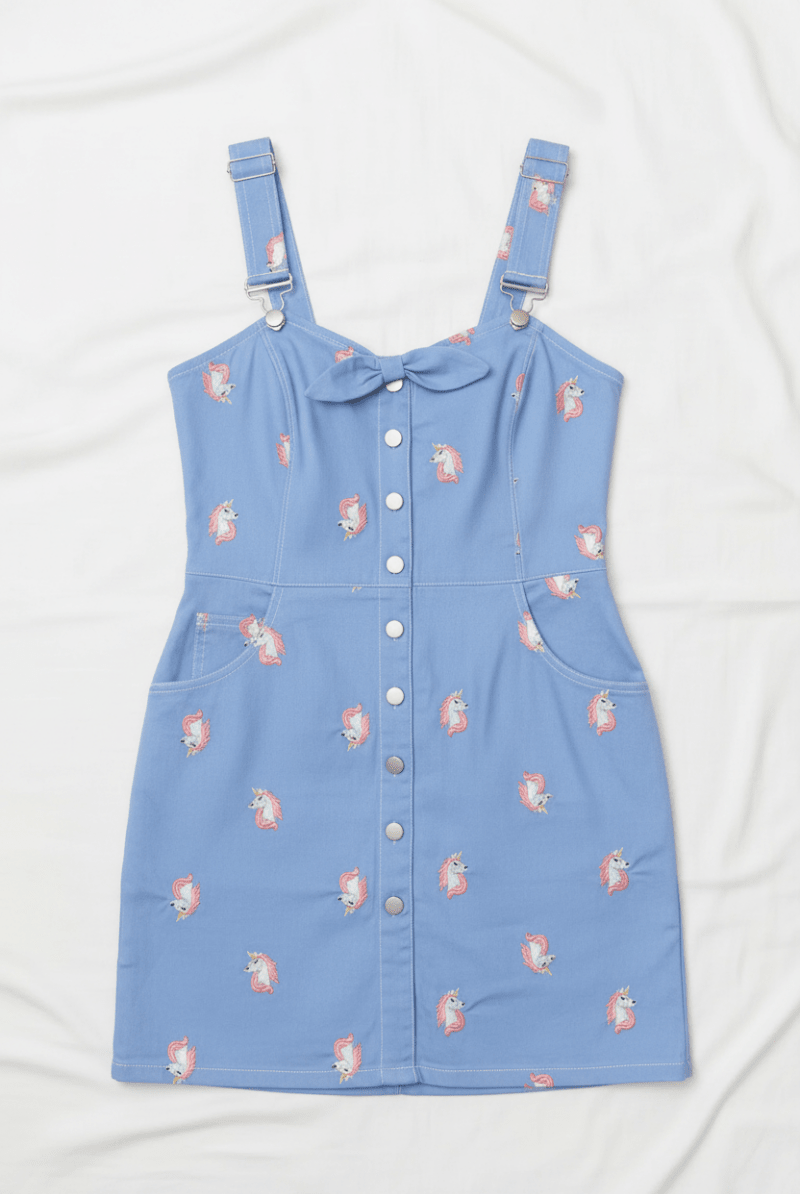 Shop Unique Vintage Unique Vintage Periwinkle Denim & Unicorn Fitted Pinafore Dress for women – premium loungewear and festival fashion at Spoiled Brat