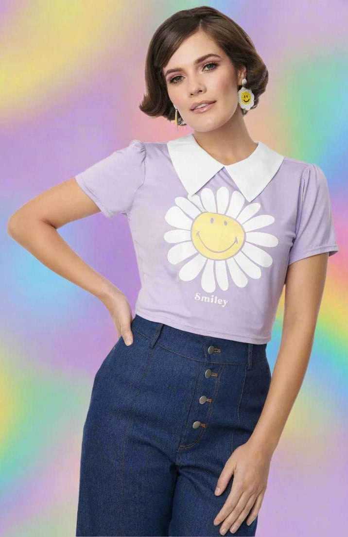 Shop Unique Vintage Unique Vintage x Smiley® Purple Flower Tee Top Top for women – premium loungewear and festival fashion at Spoiled Brat