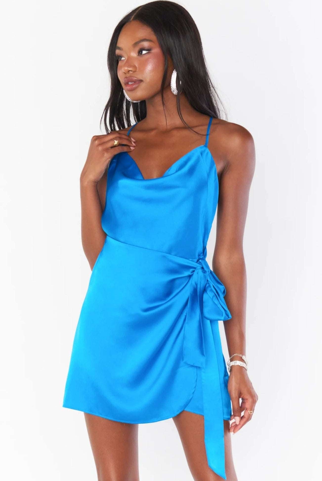 Shop Show Me Your Mumu Show Me Your Mumu Eve Blue Satin Mini Dress Party Dress for women – premium loungewear and festival fashion at Spoiled Brat