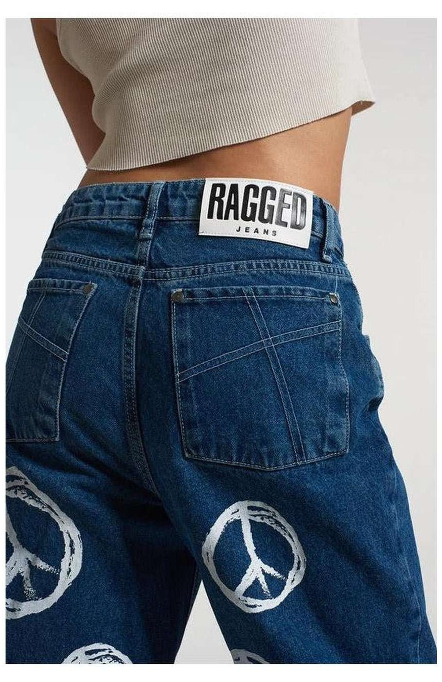 Shop The Ragged Priest The Ragged Priest Peace Printed Dad Jeans as seen on Chloe Sims Boyfriend Jeans for women – premium loungewear and festival fashion at Spoiled Brat