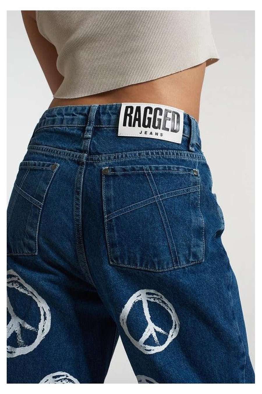 Shop The Ragged Priest The Ragged Priest Peace Printed Dad Jeans as seen on Chloe Sims Boyfriend Jeans for women – premium loungewear and festival fashion at Spoiled Brat