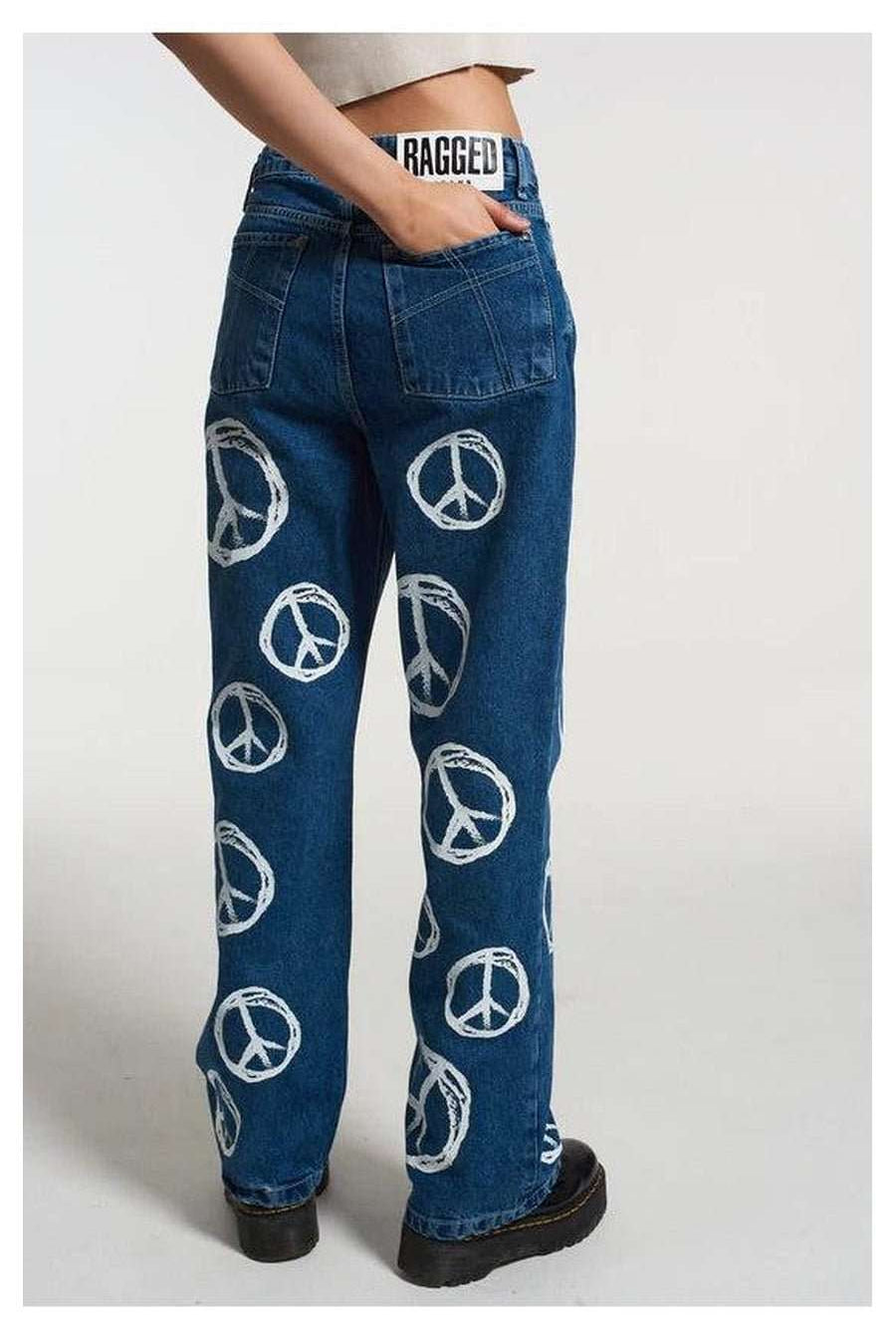 Shop The Ragged Priest The Ragged Priest Peace Printed Dad Jeans as seen on Chloe Sims Boyfriend Jeans for women – premium loungewear and festival fashion at Spoiled Brat